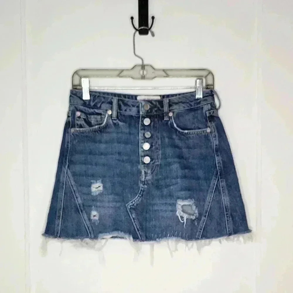 We the Free People Denim Button Fly Skirt Womens Sz 27 Distressed A Line Raw Hem